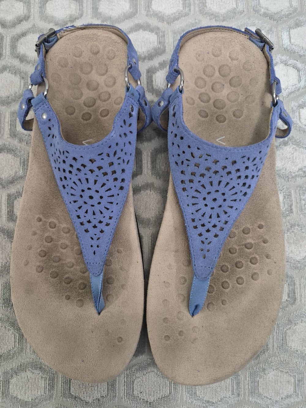 Vionic Blue Laser-Cut T-Strap Sandals with Adjustable Ankle